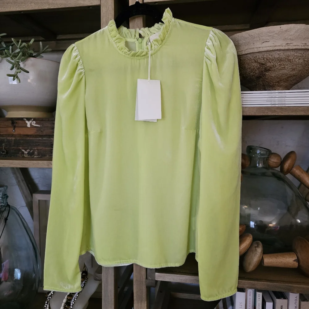 Ulla Johnson Marlena Pistachio Silk Blend Bohemian Velvet Blouse NWT